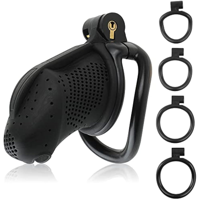 Chastity Device Cock Cage-Upgraded New Material?Light Nylon Resin?Large Male Chastity Lock With 4 Removable Rings For Penis Exercise And Adult Games Sex Toy For Men | Black