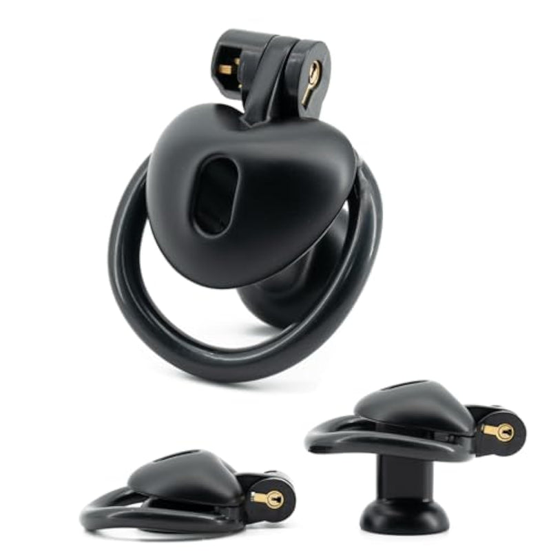Chastity Device For Men, Hollow Sissy Penis Cage Set With 4 Rings And 2 Keys, 3D Heart Design Lightweight Cock Lock Sex Toy, Breathable And Secure (Black,Long)