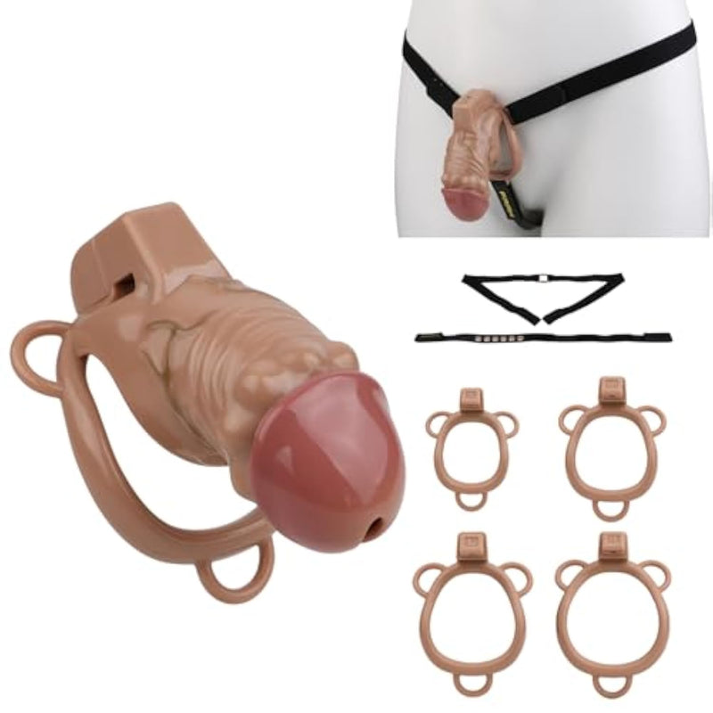 Hollow Penis Cage Set With 4 Rings, An Anti-Slip Belt And 2 Keys, Moulded Design Chastity Cage Lock Male Sex Toys Sm Slave Restraints & Bondage For Couples (L)