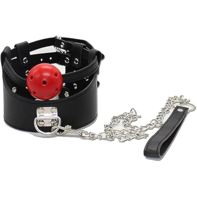 Leather Bdsm Ball Gag Collar Choker With Adjustable Chain For Women Adults Couples Flirt Sex Bondage Fetish Role Play