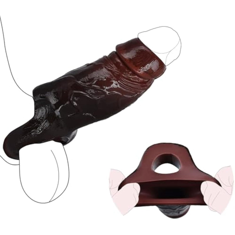 Realistic Soft Glans Exposed Silicone Penis Sleeve, Adult Male Sex Toy Penis Sheath With Cock Ring Delay Ejaculation For Couples (Black)