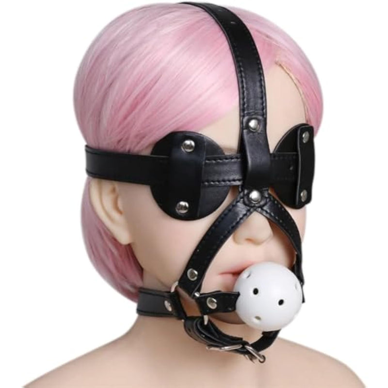 White Silicone Ball Gag Mouth & Eye Mask Head Bondage Set with Adjustable Pu Leather Bondage Gags and Blindfold