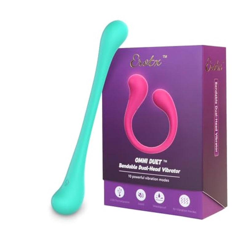 Omni Duet Bendable Dual-Head Couples Vibrator, 10-Mode G-Spot/Clitoral Stimulation, Ultra-Soft Medical-Grade Silicone, Usb Rechargeable, Waterproof (Seafoam Green)