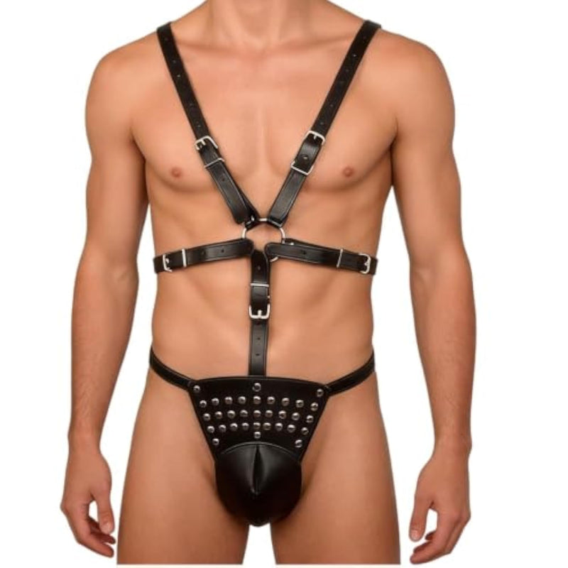Men's Pu Leather Harness Bodysuit with Jockstrap and Suspenders