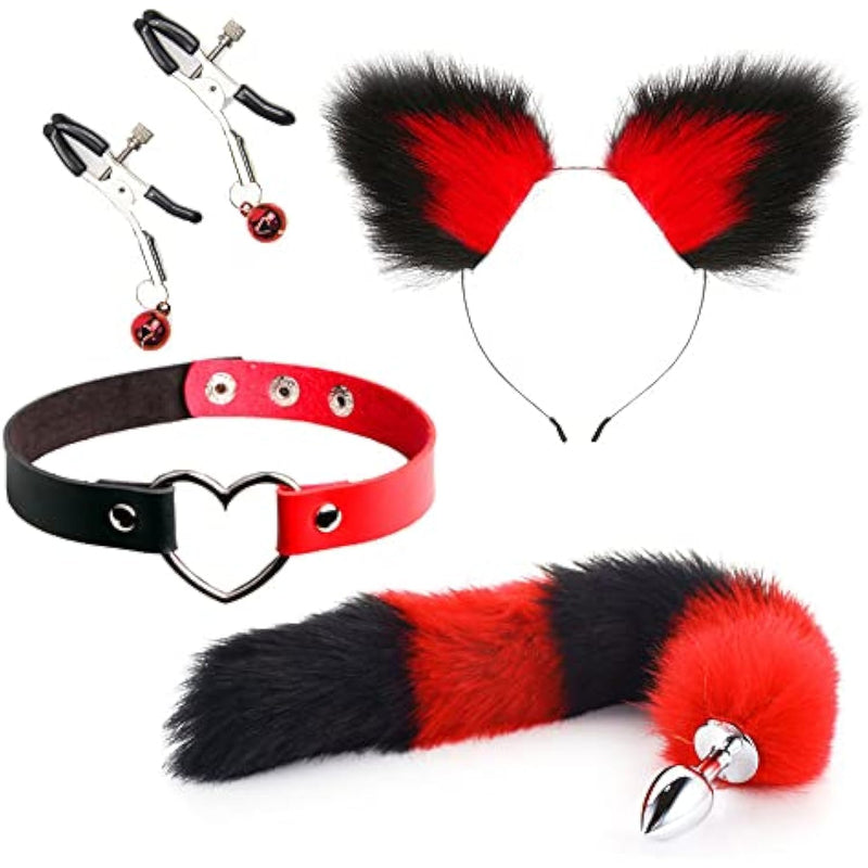 Prucit Cat Women Cosplay Set Cat Tail Plug Anal Tail Set Stainless Steel Plug Sexy Adult Toys Ears And Nipple Clamps Plugs For Tail Plug Couples Sex Toys Girl Women Adult Party(Black Red)