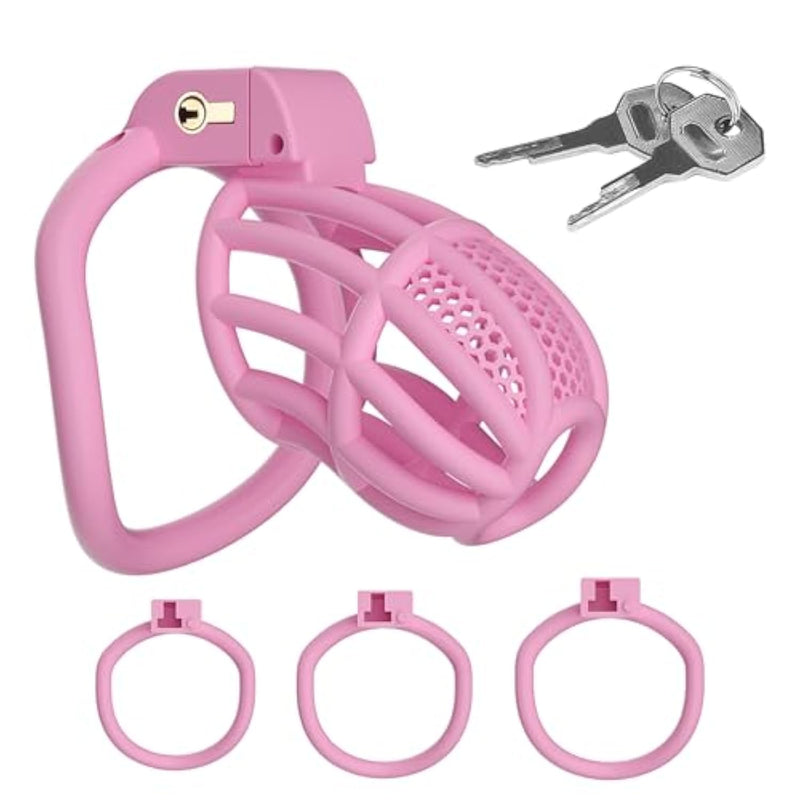 Honeycomb Hollow Chastity Cage With 4 Removable Curved Rings, Invisible Locking Cylinder Design, Cock Cage With 2 Keys Adult Cb Fetish Sex Toys & Games For Men Penis Bondage (Pink,L)