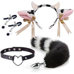 4 Pcs Set Fun Cow Sheep Antelope Rabbit Sexy Maid Tie Ear Hairpin SM Metal Tail Anal Plug. Cosplay Neck Chest Bondage Accessories Sex Toy for Women Female Men Male Unisex (Sheep Red)
