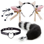 4 Pcs Set Fun Cow Sheep Antelope Rabbit Sexy Maid Tie Ear Hairpin Sm Metal Tail Anal Plug. Cosplay Neck Chest Bondage Accessories Sex Toy For Women Female Men Male Unisex (Cow Black)