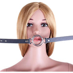Double Metal Ring Gag Leather Head Harness Restraint Mouth Gags Sex Toys For Couples (Silver)