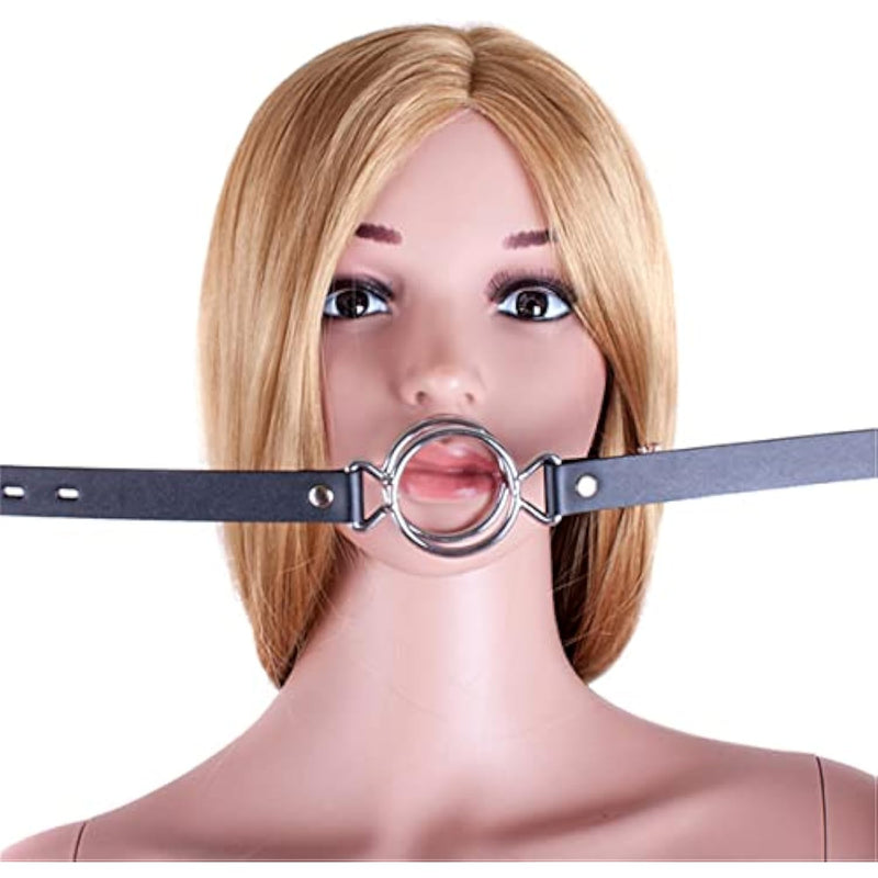 Double Metal Ring Gag Leather Head Harness Restraint Mouth Gags Sex Toys For Couples (Silver)