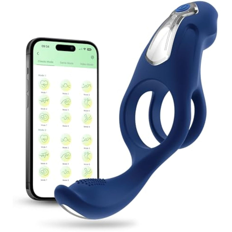 App-Controlled Vibrating Silicone Double Cock Ring - Men'S Erection Aid & Couples Pleasure Toy, Adjustable Vibration Patterns, Safe Silicone, Blue