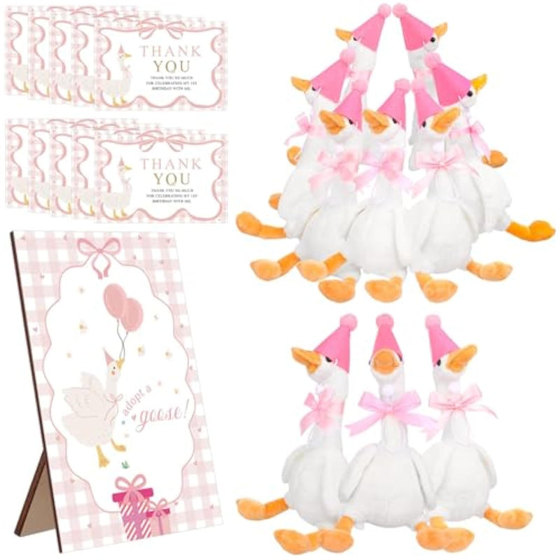 10Set One Silly Goose Birthday Decor 1St Baby Shower Party Favor 15.7 Inch White Geese Plush Stuffed Animal With Mini Party Hats Wood Table Decoration Greeting Cards Pink Ribbons For Guest Gifts