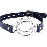 Double Metal Ring Gag Leather Head Harness Restraint Mouth Gags Sex Toys For Couples (Silver)
