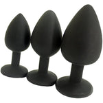 Elite 3Pcs Silicone Jeweled Anal Butt Plugs Anal Trainer Set, Black Sil With Clear Gem
