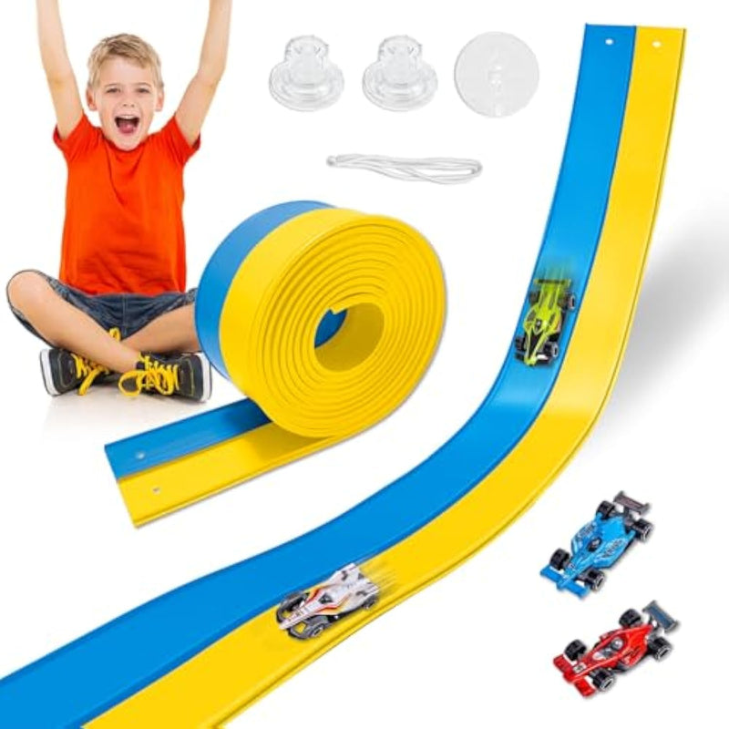 Flexible Race Track Toys For Kids, 15 Ft Double Lane Racetrack With 4 Cars & Suction Cups, Compatible With Hot Wheels & 1/64 Diecast Cars, Portable Roll Up Car Ramp Track Set For Ages 3+(Yellow&Blue)