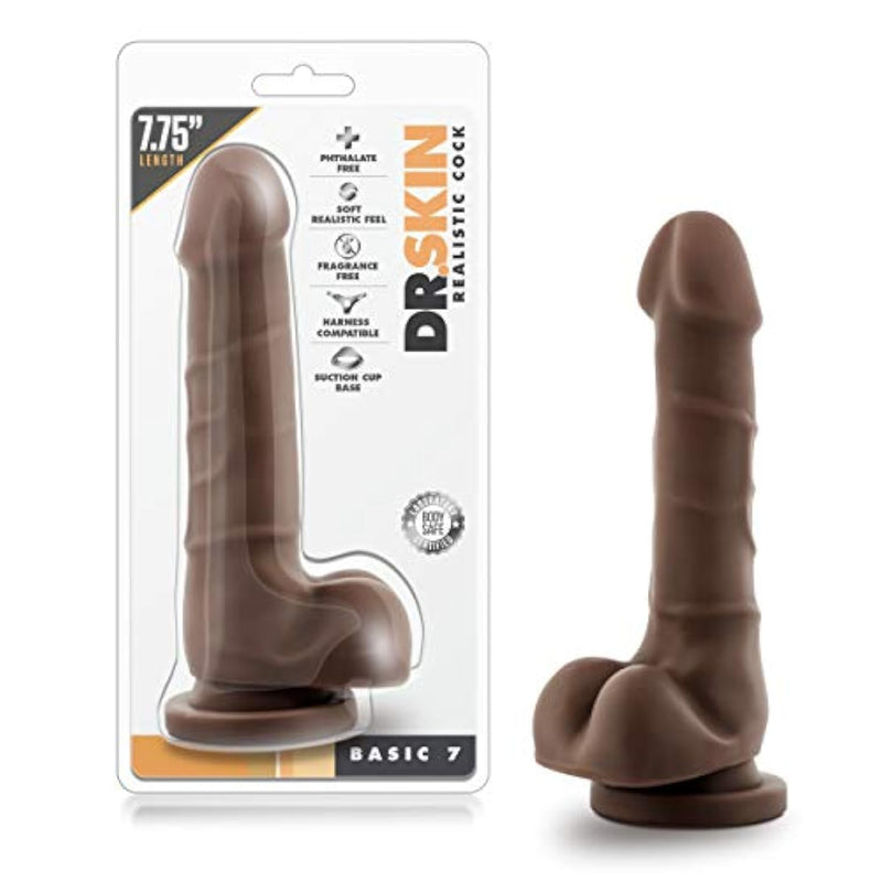 Blush Dr. Skin Realistic 7.75" Chocolate Dildo W/Balls, Long Silm Lifelike Cock For Solo Vaginal & Pegging - Suction Cup, Harness Compatible - Beginner Adult Sex Toy For Women, Men & Couples -(Brown)