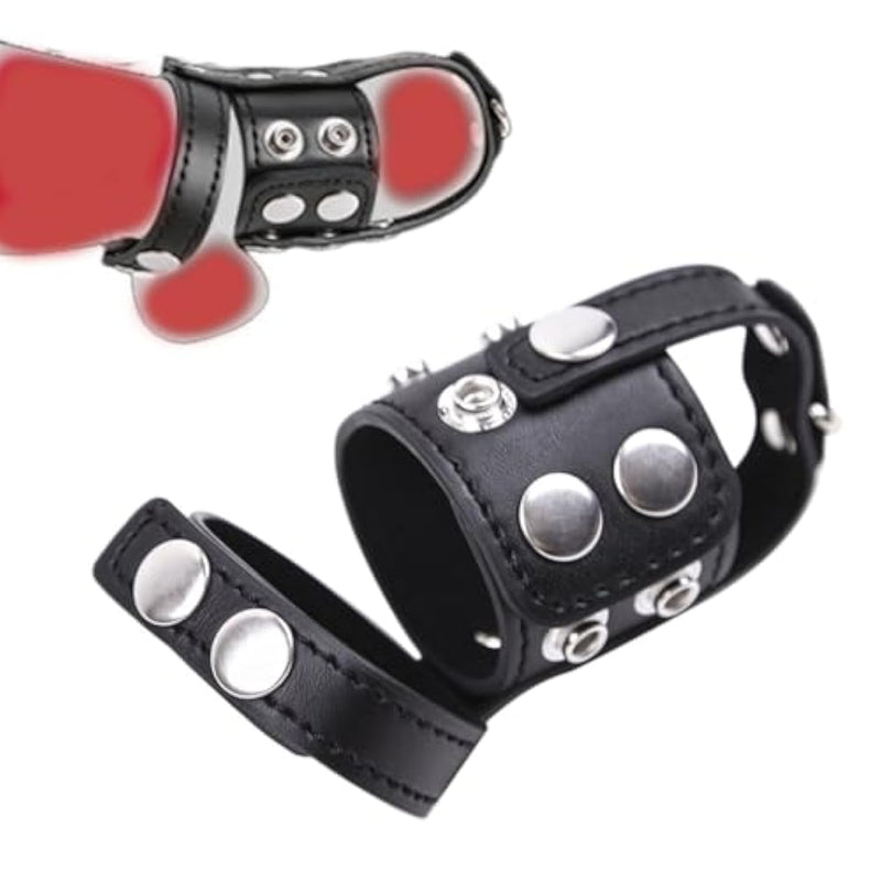 Chastity Strap Leather Cock Ring Testicle BDSM Toys CBT Bondage Set Gear Accessories Adjustable Cage Ball Torture Belt Penis Extender Crusher Male Spiked Men Kinky Restraints Intense Sensual Sex Play