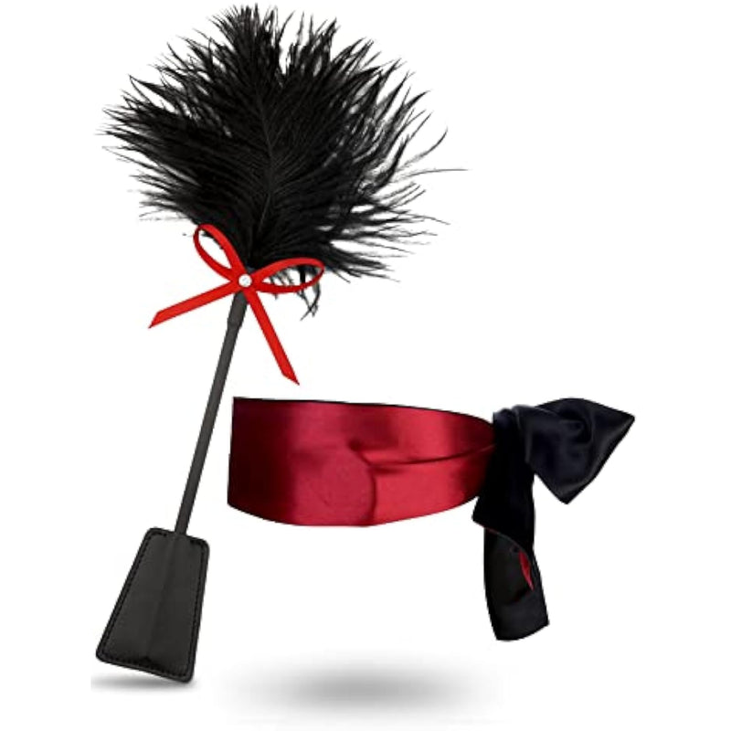 Sex Blindfold Adult Feather Tickler 15" Set Sex Whip French Tickler Red Mask For Adult Bedroom Play
