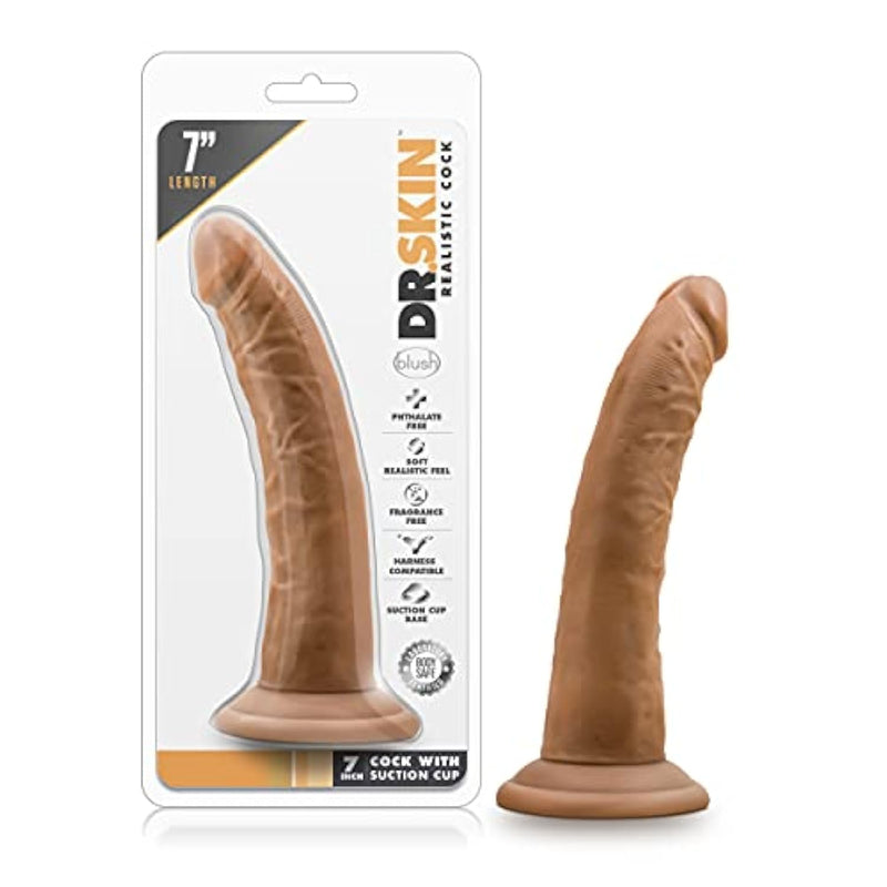 Blush Dr. Skin 7.5” Realistic Slim Shaft Dildo, 1.5” Wide Soft Lifelike Cock - Suction Cup, Strap-On Solo Or Partner, Body-Safe Anal & Pegging Play - Adult Sex Toy For Women, Men & Couples - (Mocha)
