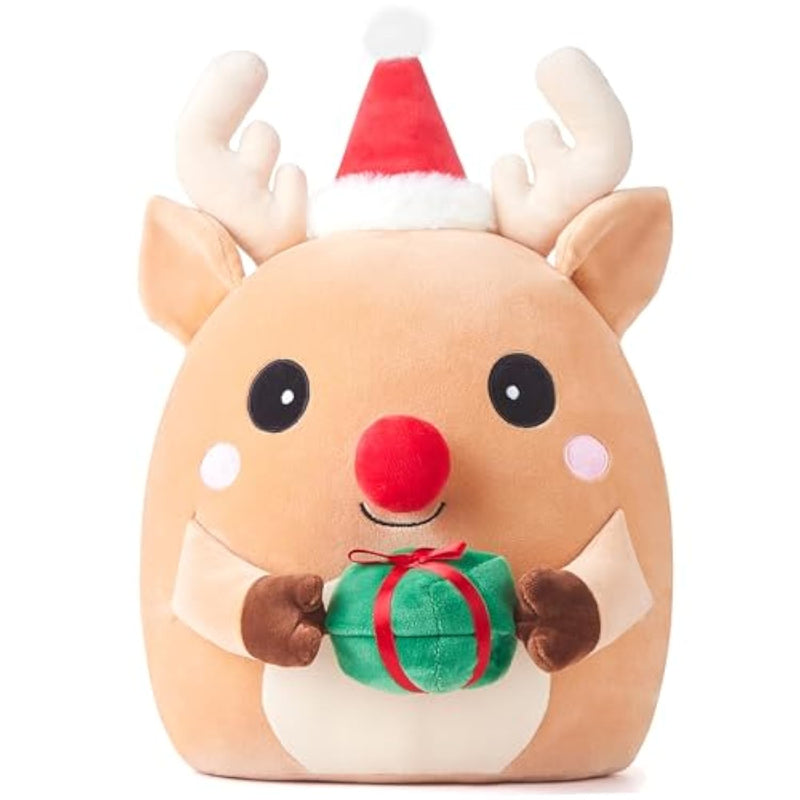 Large Reindeer Christmas Plush Pillow Stuffed Animal Toy,14" Big Size Cute Soft Toys Fat Kawaii Hugging Cuddle Plushie,Xmas Gift For Kids