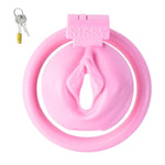 Fake Woman Vagina Chastity Cage Lock With 4 Cock Rings Sissy Resin Cock Cages Adults Sex Toys With Labia Male Sm Extreme Bondage Devices (Pink)