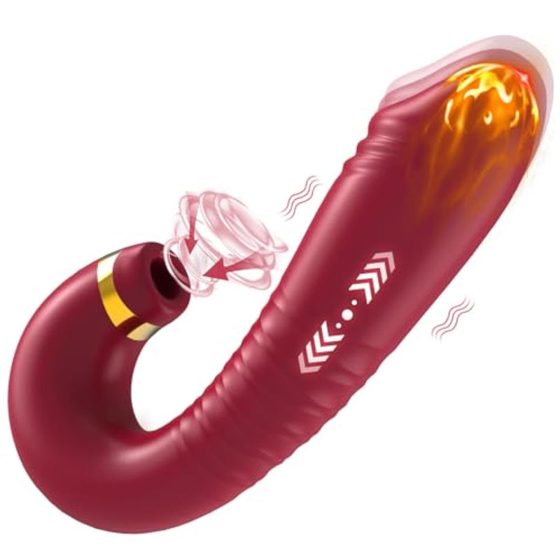 Adult Sex Toy Vibrator Dildo - 2In1 G Spot Clitoris Stimulator With 9 Thrusting + 9 Suction, Adult Nipple Clit Anal Forplay Sucker Games For Female Women Men Couples Red