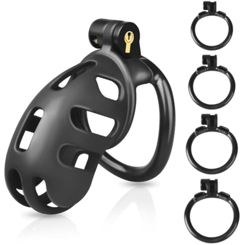 Chastity Cage Cock Cage, Male Chastity Device With 4 Sizes Of Rings, 3D Printed Lightweight Resin Male Chastity Cage Hidden Lock Penis Cage Bondage Gear & Accessories Abstinence And Exercise Black