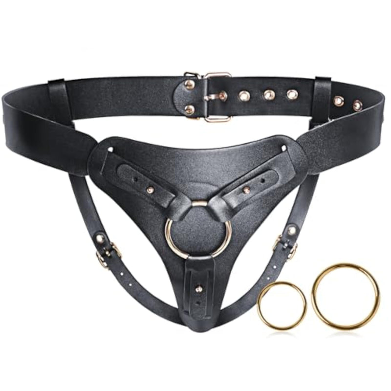 Strap-On Dildo Harness for Men, Women, and Couples - Adjustable Vegan Leather Belt with 2 ORings