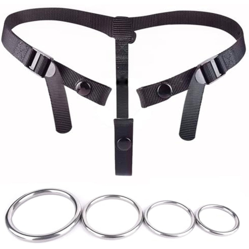 Anti-Off Male Chastity Cage Devices Elastic Band Penis Cage Accessories, Adjustable Auxiliary Belt With 4 Size Cock Rings Sex Toy Underwear For Men (Adjustable Belt With 4 Size Ring)