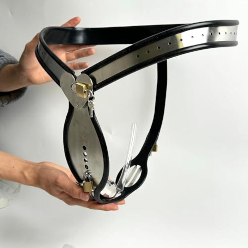 Stainless Steel Male Invisible Chastity Belt Penis Cage Locking Pants Cock Cage Device Bdsm Bondage Sex Toys (Black, 90-120Cm)