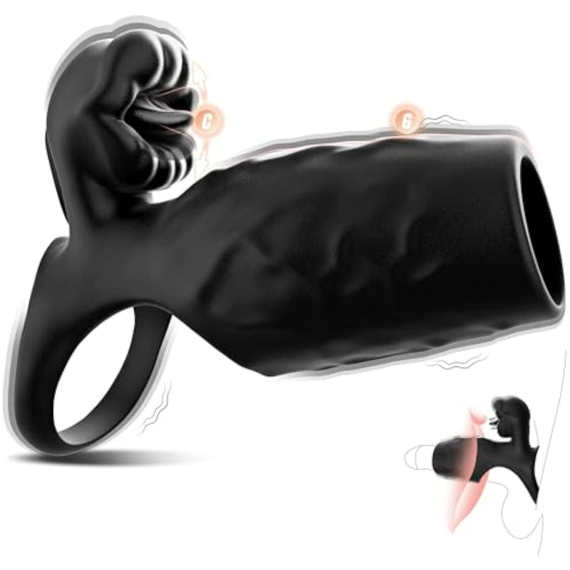 Vibrating Cock Ring With Penis Sleeve, Male Sex Toys For Men Extender Stronger Shock Vibrator 9 Modes Lengthening Tongue Licking Clitoral Stimulator, Erection Enhancing Lasting Couple Sex Toys