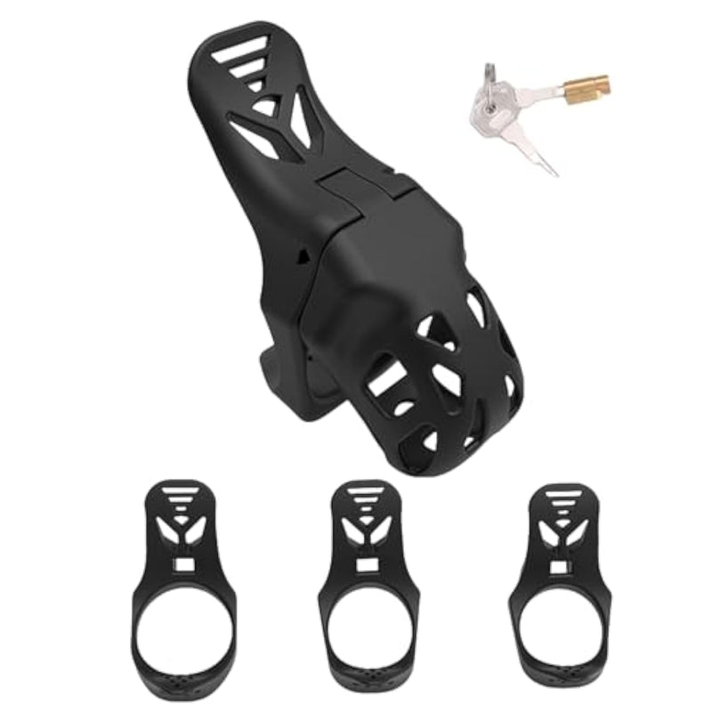 Tail Lock Chastity Device With 3 Different Sized Rings Nylon Hollow Chastity Cage Sex Toys For Male Sm Bondage Breathable And Comfortable Large Pee Hole Design (Black,Large)
