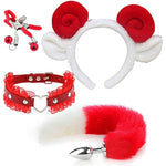 4 Pcs Set Fun Cow Sheep Antelope Rabbit Sexy Maid Tie Ear Hairpin SM Metal Tail Anal Plug. Cosplay Neck Chest Bondage Accessories Sex Toy for Women Female Men Male Unisex (Sheep Red)