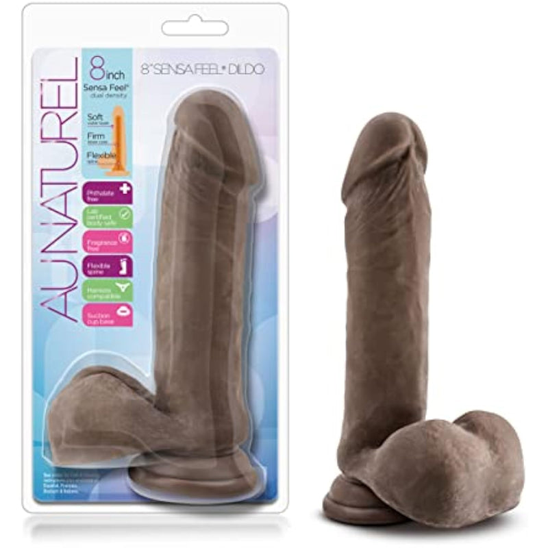 Adult Sex Toys – Au Naturel Sensa Feel Dual Density Realisitc Dildo – 8 Inch – Body Safe – Flexi Shaft Lifelike Penis, Suction Cup, Harness Compatible – Women, Men, Couples – Chocolate
