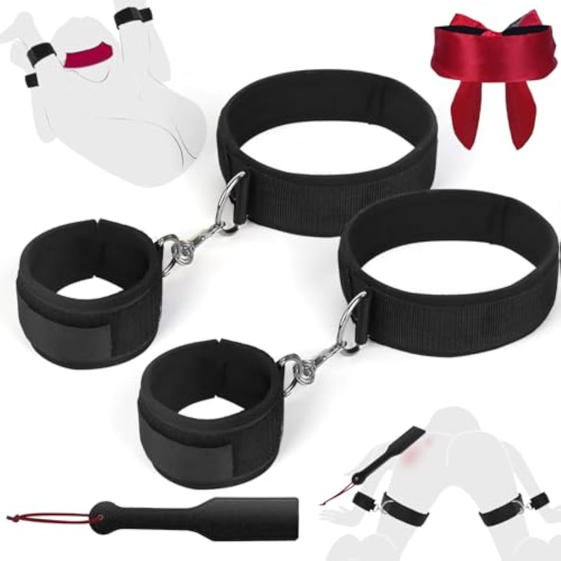 Sex Bondage Wrist-To-Thigh Bdsm Kit Restraints Couple Sex Toys, Adjustable Restraint With Sm Spanking Paddle Blindfolds, Leg Straps Handcuffs Sex Toy For Beginner Women Play