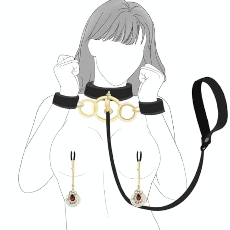 Bdsm Bondage Sex Restraints Set With Nipple Clamps, Adult Sex Toys With Pu Leather Harness Collars With Traction Handcuffs Bondage Gear Accessories, Sex Things For Couples Kinky