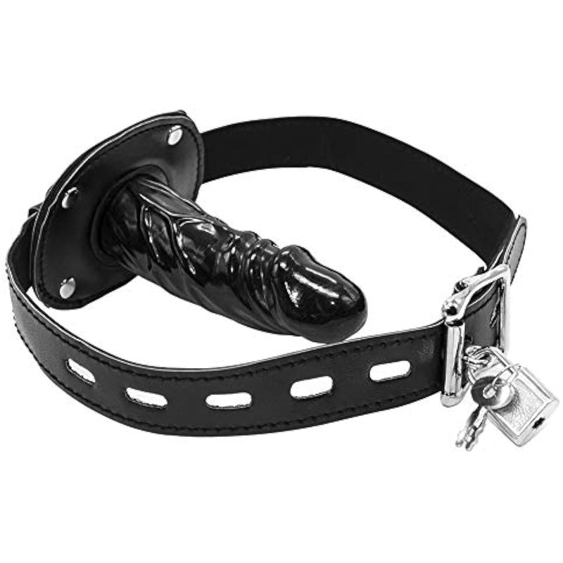 Lockable Dildo Mouth Gag Sm Realistic Black Silicon Penis Gag Adjustable Leather Strap On With Lock Fantasy Sex Toys For Couple