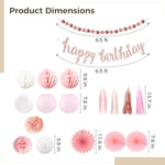 Birthday Party Decorations 22 Pcs, Birthday Celebration Decoration Set, Rose Gold Party Decor, Paper Fans, Lanterns, Pom Poms, And Tassels For Birthday Celebrations