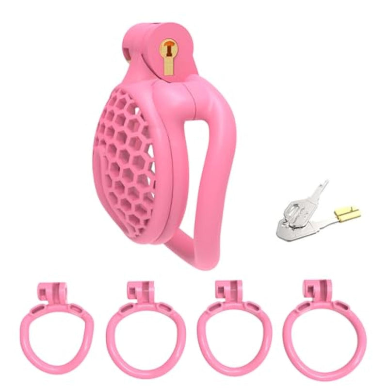 Men'S Breathable Honeycomb Cock Cage With 4 Rings And Concealed Locks, 3D Printed Mini Chastity Device Sex Toys Adult Product For Male Sm Bondage (Pink,Arc-Ring)