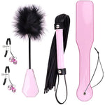 4Pcs Sm Bondage Set Sex Whip Adult Paddle Slap Leather Whip Flirting Feather Tickle And Bells Nipple Clamps For Adults Sex Games (Pink)