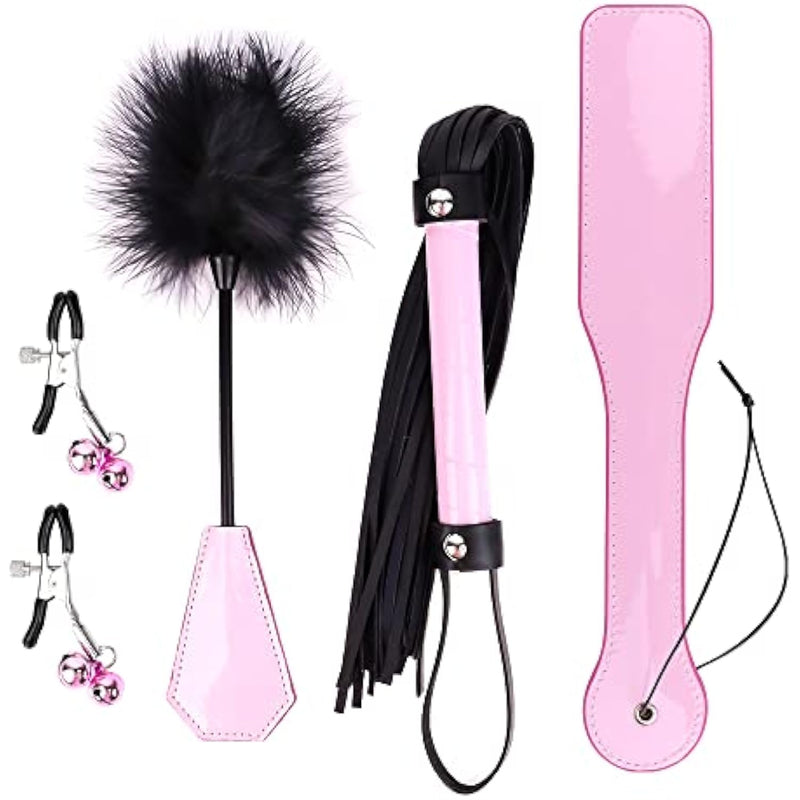 4Pcs Sm Bondage Set Sex Whip Adult Paddle Slap Leather Whip Flirting Feather Tickle And Bells Nipple Clamps For Adults Sex Games (Pink)