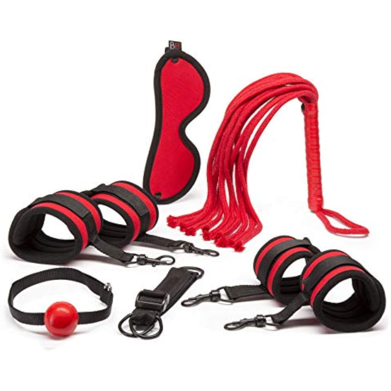 Bondage Boutique Red Hot Passion Bondage Kit - Includes Cuffs, Blindfold, Ball Gag, Rope Flogger & Strap - Beginner Sex Set For Couples - 6 Piece - Red/Black