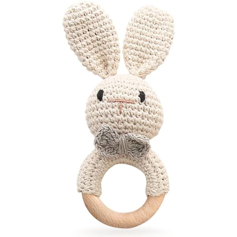 Wooden Baby Rattle, Handcrafted Crochet Bunny Rattles With Wooden Teething