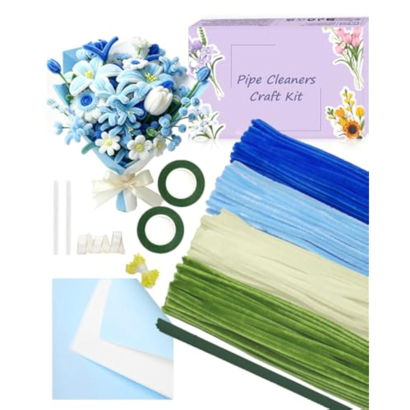 400 Pcs Blue Pipe Cleaner Flower Kit, 4 Colors Chenille Stems for DIY Crafts
