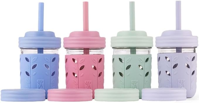 Kids & Toddler Cups | The Original Glass Mason jars 8 oz with Silicone Sleeves & Silicone Straws with Stoppers | Smoothie Cups | Spill Proof Sippy Cups for Toddlers