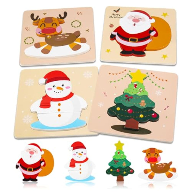 Christmas Wooden Puzzles For Toddlers, Baby Jigsaw Puzzles For 1 2 3 Years-Old Boys And Girls, Set Of 4 Montessori Toys With Large Pieces Safe For Kids