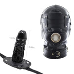 Black Leather Bondage Hood for Unisex Adults - Full Face Blinder with Detachable Cover and Dildo Mouth Gag Head Hood