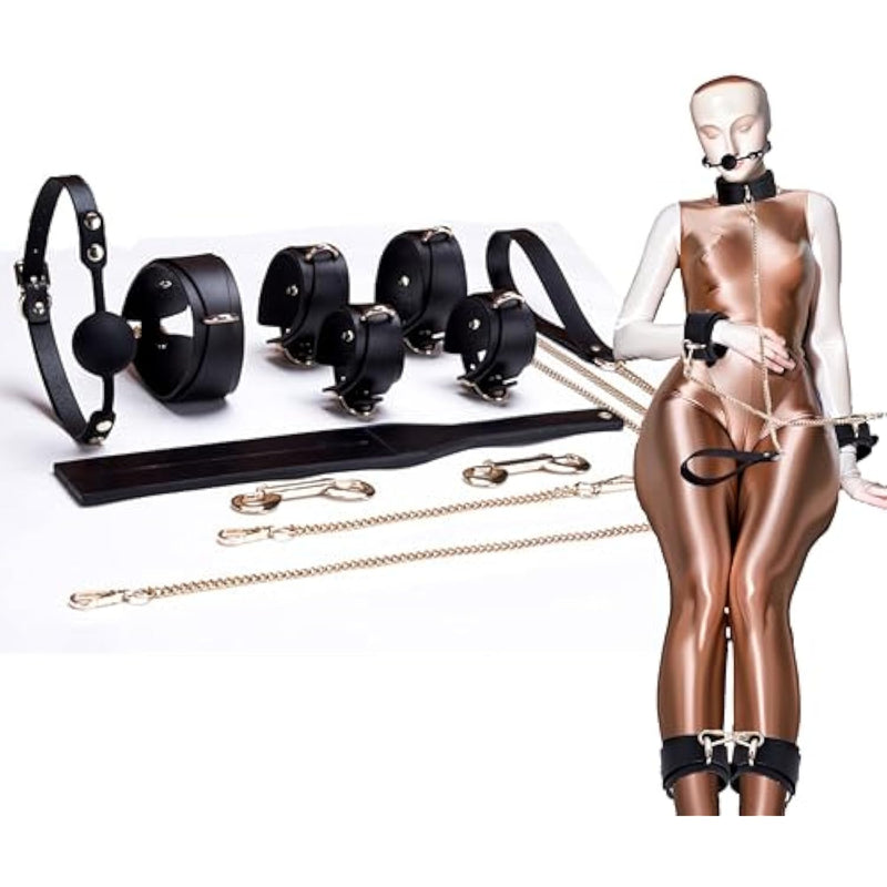 Premium Leather Bdsm Restraint Set, Cuffs, Collar, Gag, Spanking Paddle And Chains For Advanced Bondage Play, Black