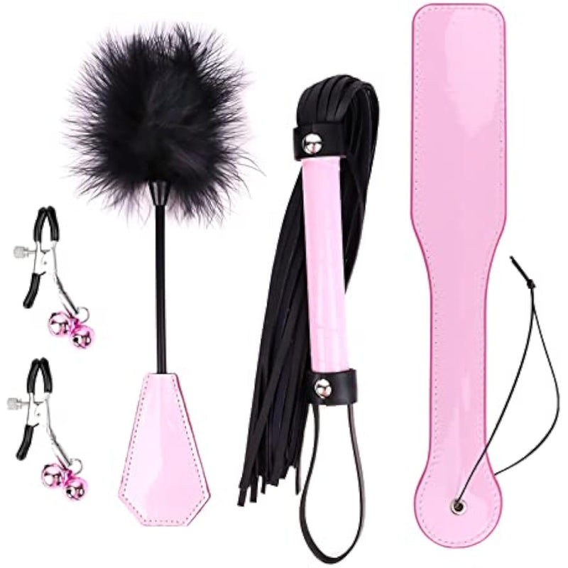 4 Pcs Bdsm Training Set Sex Whip Adult Sex Flap Paddle Role Playing Adult Role Playing Sex Game Bdsm Feather Hand Flap Whip Nipple Clip Pink