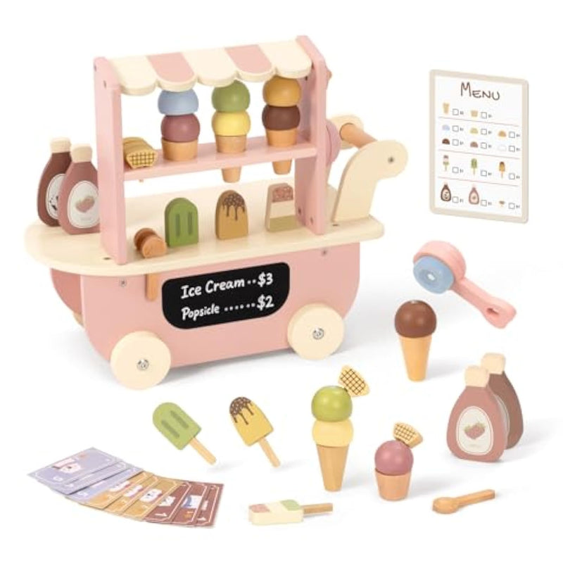 Wooden Ice Cream Cart For Kids, Ice Cream Truck Toy With Scooper & Wheels, Play Kitchen Accessories For Pretend Play With Menu & Pretend Money, Imaginative Preschool Toys For Girls & Boys 3+